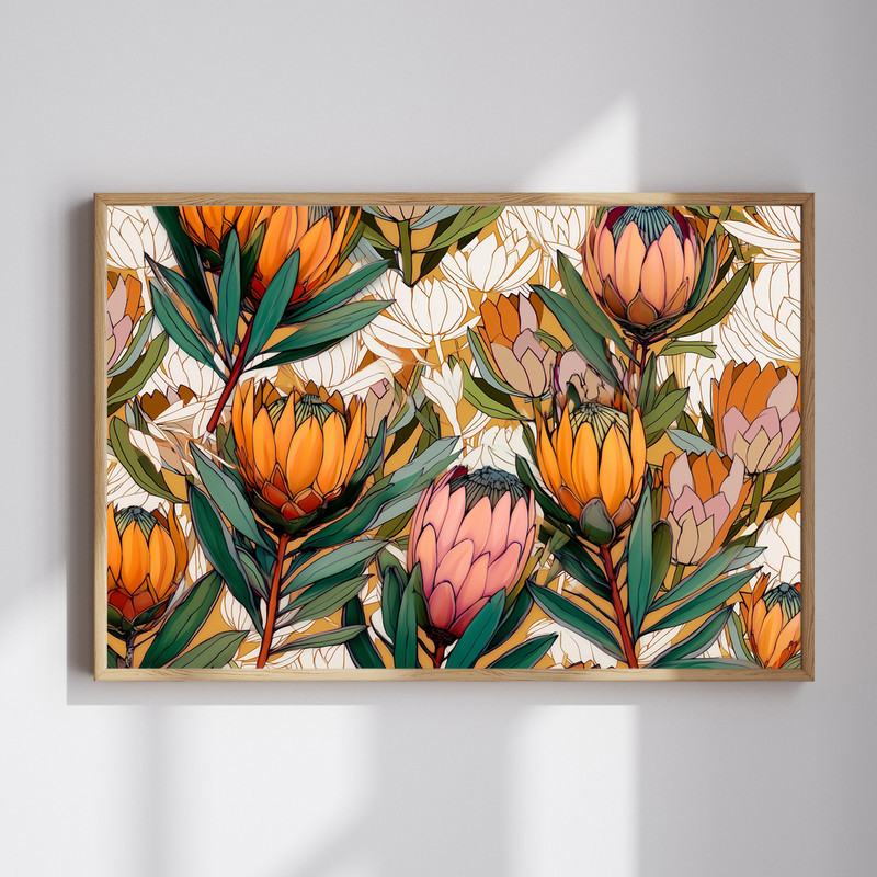 Protea garden canvas wall art with orange and green botanical collage of protea blooms and leaves, decor for living room | Familywalldecor