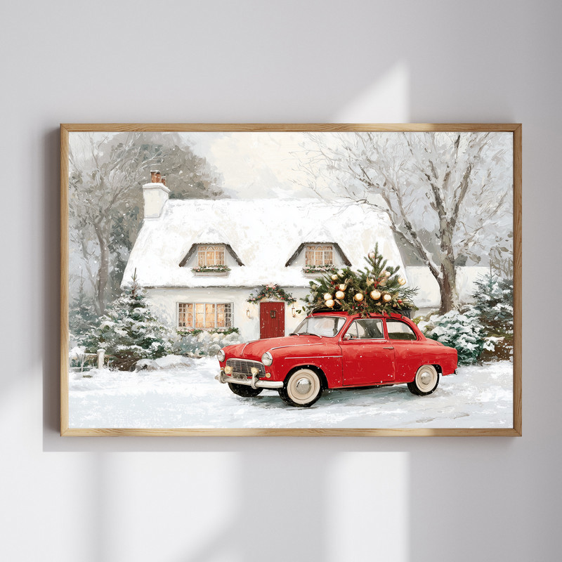 Red vintage truck winter cottage canvas wall art, snowy pines and cozy cabin scene for rustic farmhouse entryway decor | Familywalldecor