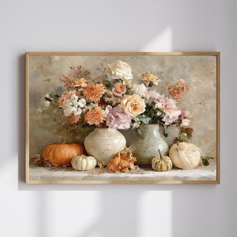 Rustic autumn bloom & pumpkin still life canvas wall art for hallway decor, warm earthy tones, farmhouse style Thanksgiving accent | Familywalldecor