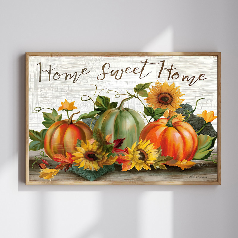Rustic autumn pumpkins and sunflowers canvas wall art with 'Home Sweet Home' script, farmhouse hallway decor, cozy fall hues