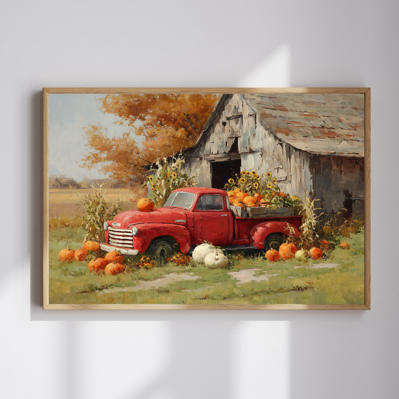 Rustic autumn truck harvest canvas wall art with a vintage pickup loaded with pumpkins on a country road, oil painting | Familywalldecor