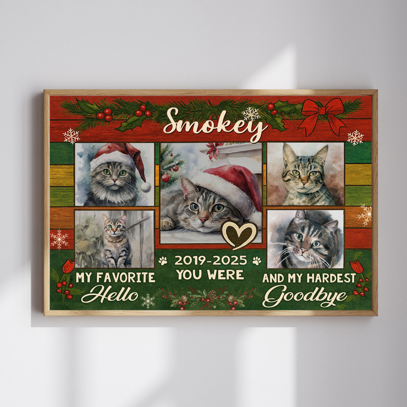 Rustic cat memorial canvas photo collage with custom name and dates in farmhouse style, thoughtful Christmas pet loss gift for owners | Familywalldecor