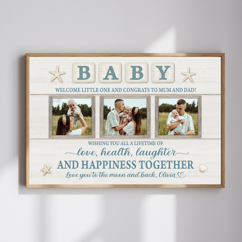 Rustic coastal farmhouse baby welcome canvas wall art, personalized newborn milestone photo collage with name and birth date | Family Wall Decor