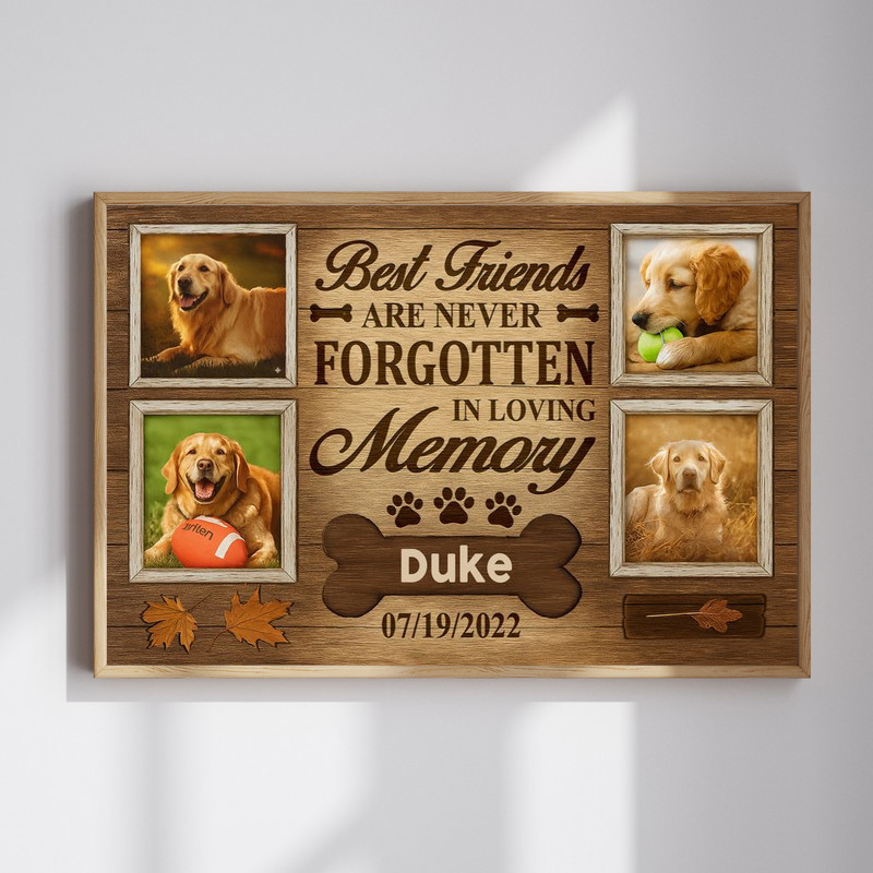 Rustic fall pet memorial photo collage canvas with dog paw prints and 'Best Friends Are Never Forgotten' typography wall art | Familywalldecor