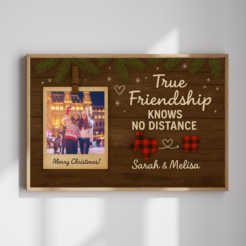 Rustic farmhouse Christmas bestie photo canvas wall art, personalized long-distance buffalo plaid states with custom names | Familywalldecor