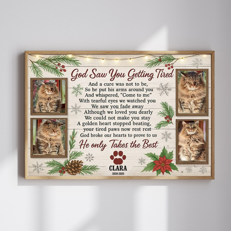 Rustic farmhouse Christmas cat memorial canvas wall art with photo collage, custom name and dates, woodgrain holly accents | Familywalldecor