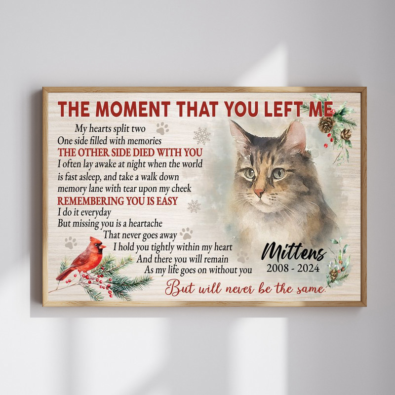 Rustic farmhouse Christmas cat memorial canvas wall art, personalized watercolor portrait with pet name, vertical layout | Familywalldecor