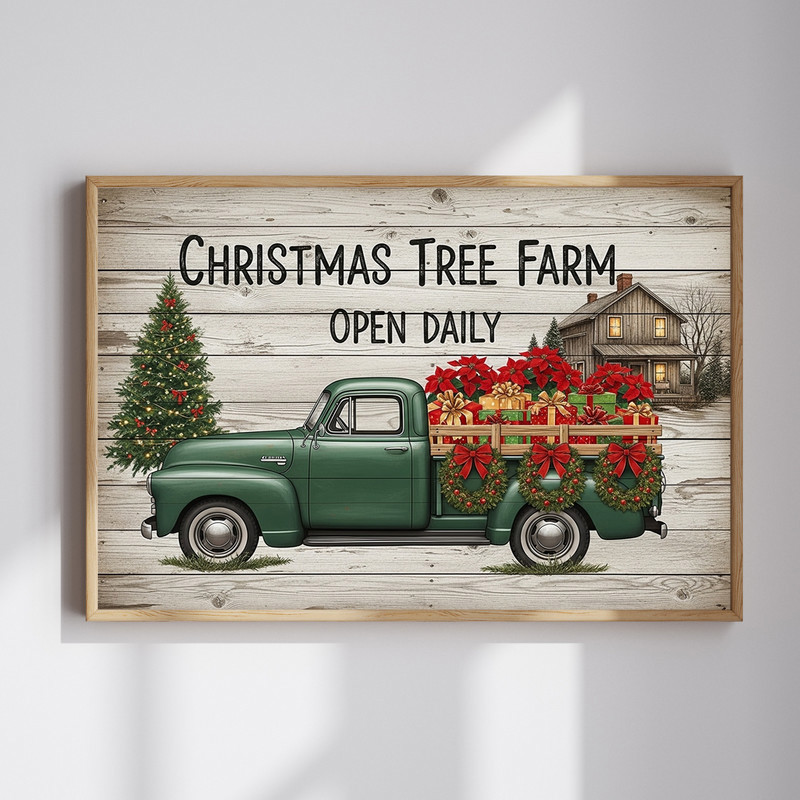 Rustic farmhouse Christmas entryway canvas wall art with pine wreath and plaid ribbon on white shiplap, landscape | Family Wall Decor