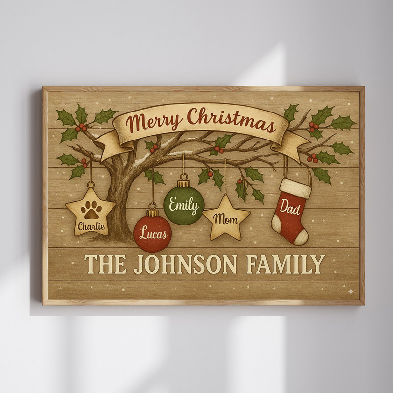 Rustic farmhouse Christmas family tree canvas wall art, personalized family name, whitewashed shiplap background, landscape | Familywalldecor
