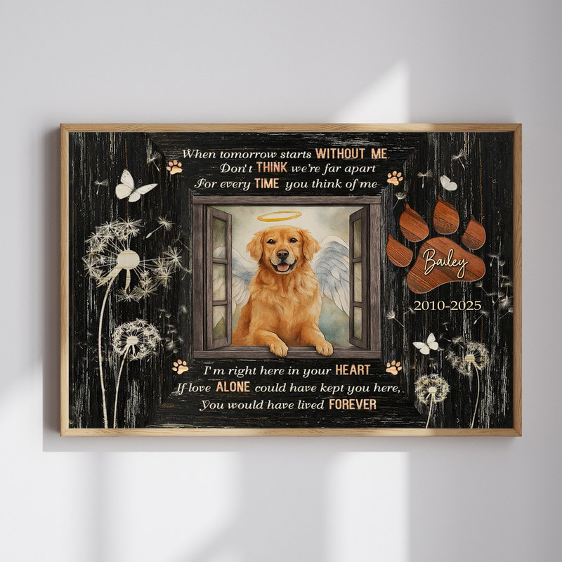 Dog memorial canvas in rustic farmhouse style, personalized with pet photo, name and dates, In Loving Memory title | Familywalldecor