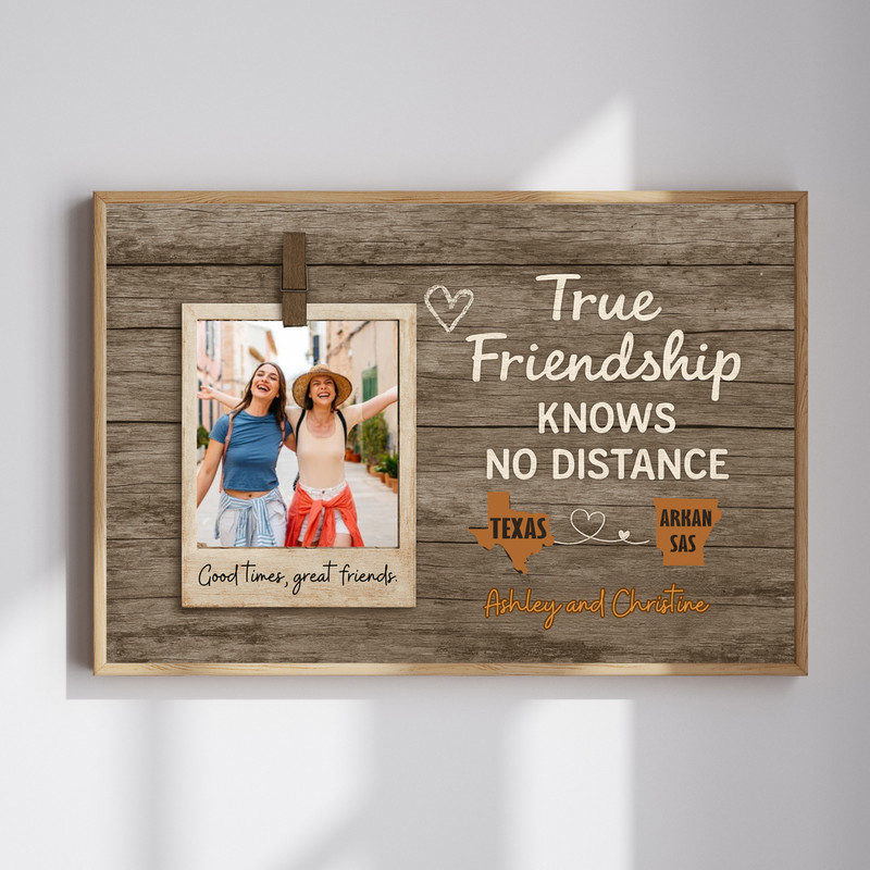 Rustic farmhouse friendship canvas wall art personalized with two states, heart route, and custom photo on wood background | Familywalldecor