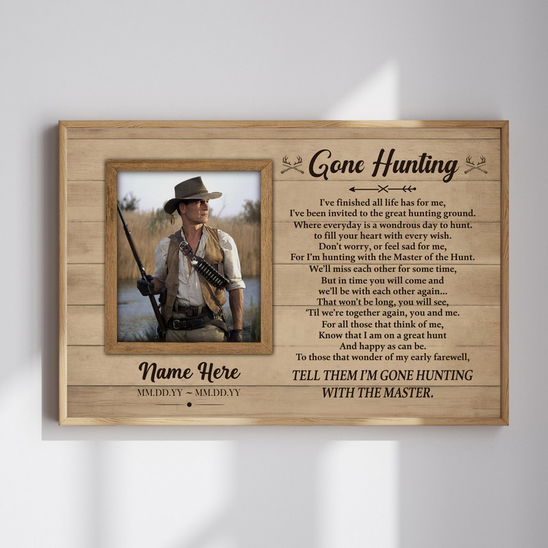 Rustic farmhouse hunting memorial canvas wall art, personalized Gone Hunting design and sympathy keepsake honoring loved one. | Familywalldecor