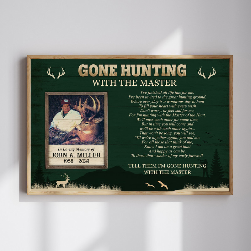 Rustic farmhouse memorial hunting canvas with antlers and Gone Hunting With The Master, personalized with name and dates | Familywalldecor