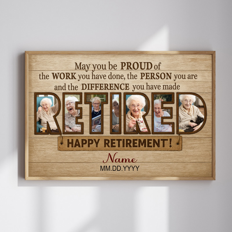 Rustic farmhouse retirement photo collage canvas wall art with custom photos, name, and date for boss farewell gift | Familywalldecor