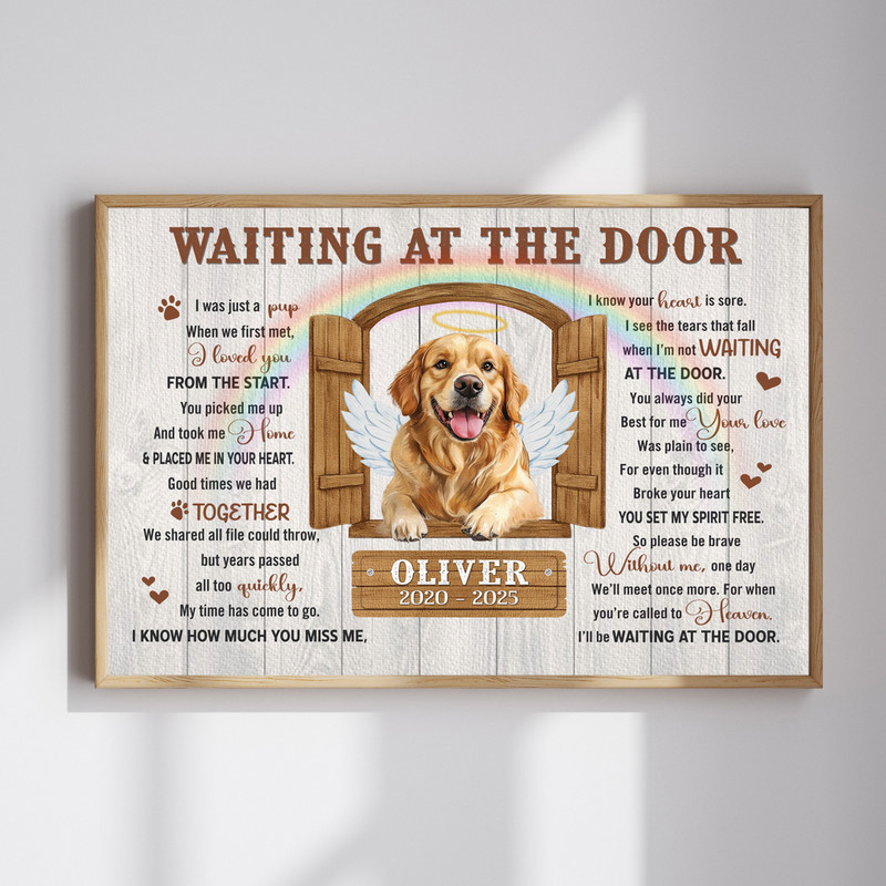 Rustic farmhouse dog memorial canvas with 'Waiting at the Door' poem, paw prints, custom name and dates on weathered wood | Familywalldecor
