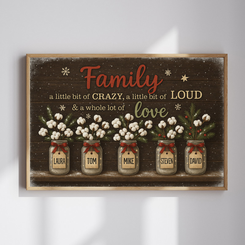 Rustic farmhouse family quote canvas with multi-name flower design, personalized names, Christmas gift decor for living room | Family Wall Decor