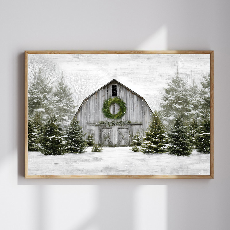 Rustic holiday barn canvas wall art featuring a snow-covered farmhouse, pine trees, and wreath accents, for entryway decor | Familywalldecor