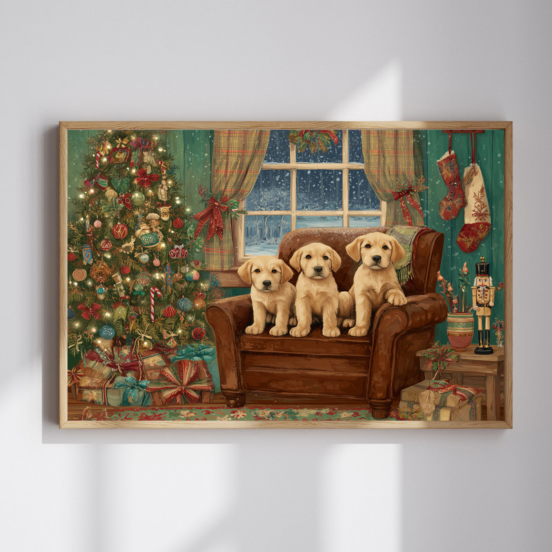 Puppies by the Christmas tree entryway canvas wall art in a rustic holiday style, cozy farmhouse decor with warm festive glow | Familywalldecor