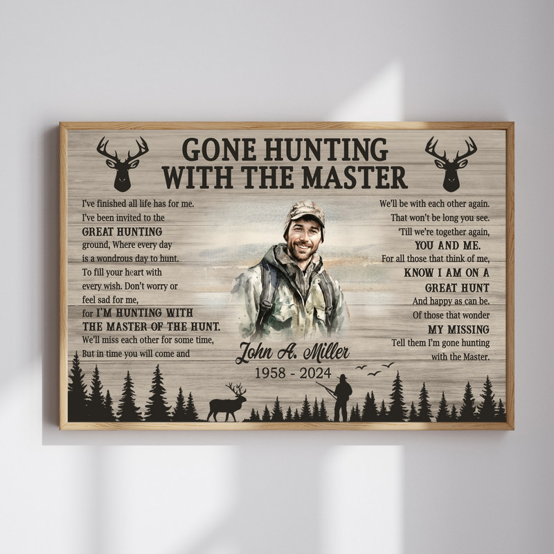 Rustic hunting memorial canvas wall art with 'Gone Hunting With The Master' quote, personalized with hunter's name and dates | Familywalldecor