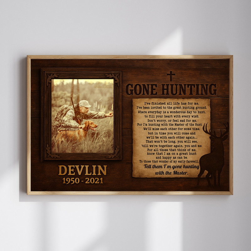 Memorial canvas wall art with rustic hunting theme, personalized with name and dates; Gone Hunting sympathy gift for a hunter | Familywalldecor