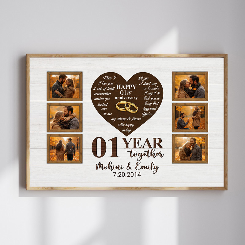 Rustic 1st anniversary canvas wall art photo collage with personalized names and date on weathered wood, horizontal layout | Familywalldecor