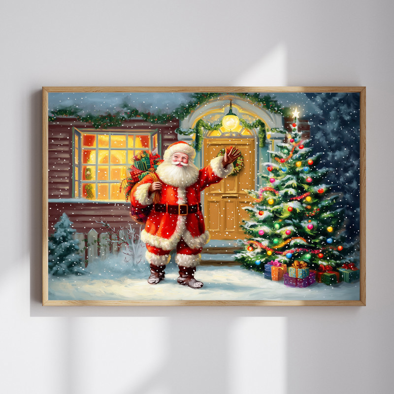 Santa holiday greeting canvas wall art with Santa waving at a snowy doorstep, wreath accents, landscape for entryway decor. | Familywalldecor