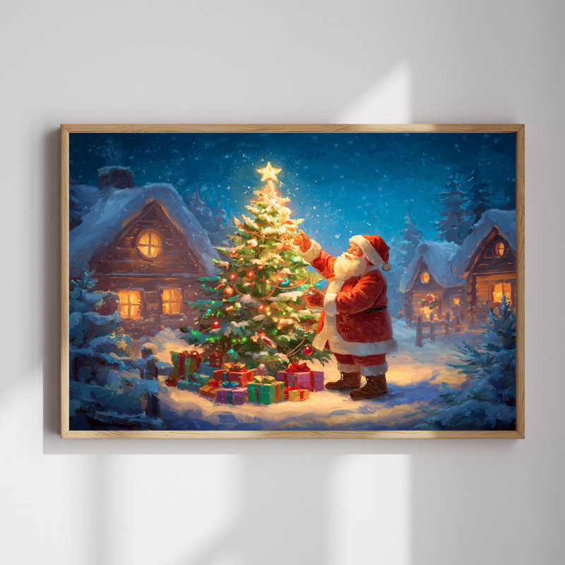 Santa’s Magical Christmas Eve canvas wall art with sleigh and reindeer over snowy roofs, landscape for hallway decor | Familywalldecor