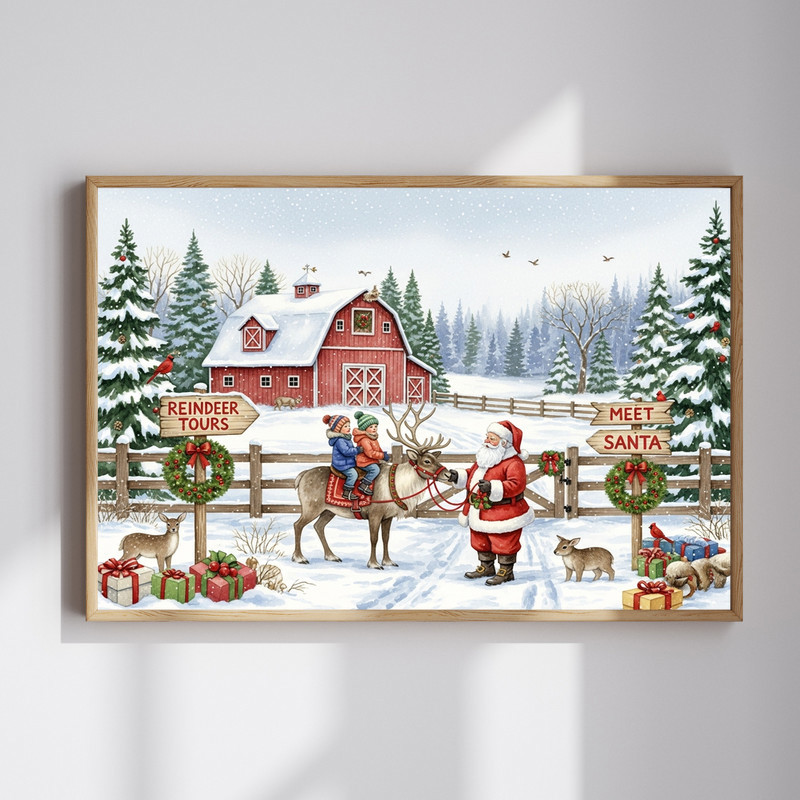 Santa’s Reindeer Farm canvas wall art with snowy pines and twinkling lights, whimsical winter scene for entryway wall decor | Familywalldecor
