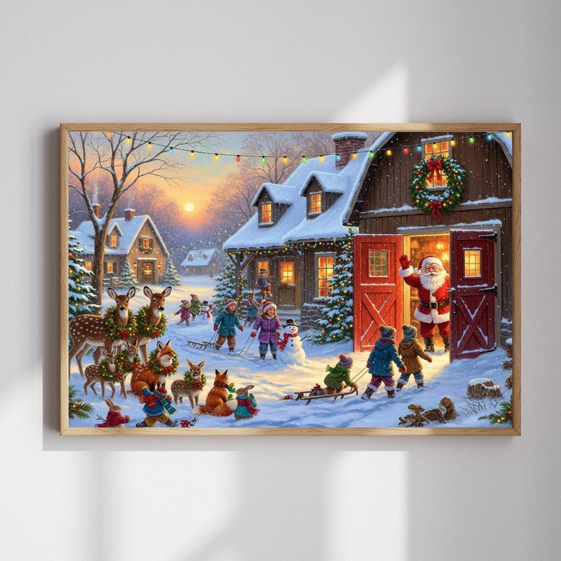 Santa’s Reindeer Farm winter wonderland entryway canvas wall art featuring reindeer and snowy pines in rustic farmhouse style | Family Wall Decor