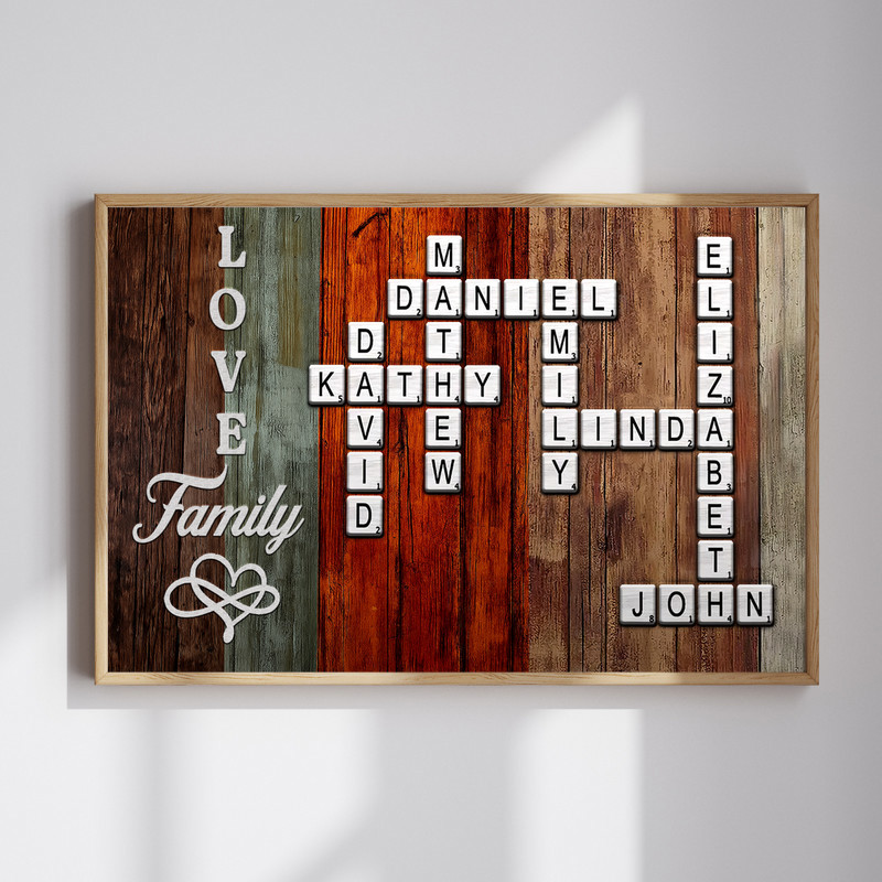 Scrabble family name canvas wall art with wood tiles forming a personalized crossword of names on rustic background, portrait | Family Wall Decor