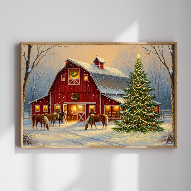 Season’s Greetings canvas wall art featuring a rustic barn motif for cozy entryway decor, farmhouse style holiday wall accent | Family Wall Decor