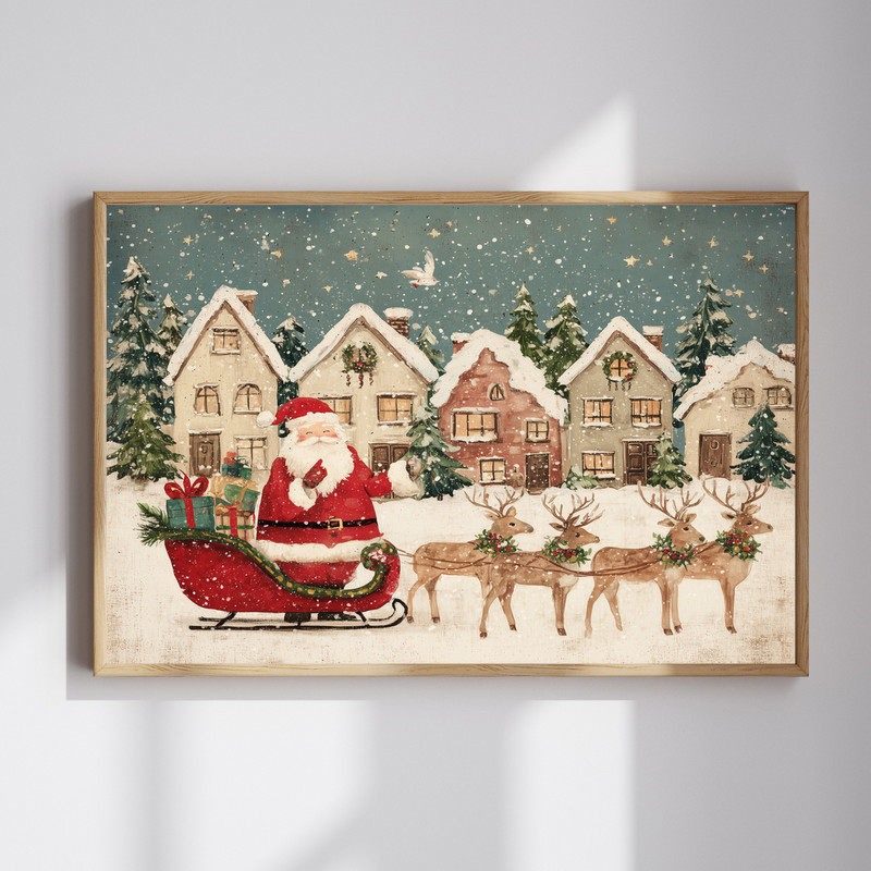 Santa's sleigh Christmas canvas wall art, landscape scene over snowy rooftops under a starlit midnight sky for hallway decor | Familywalldecor