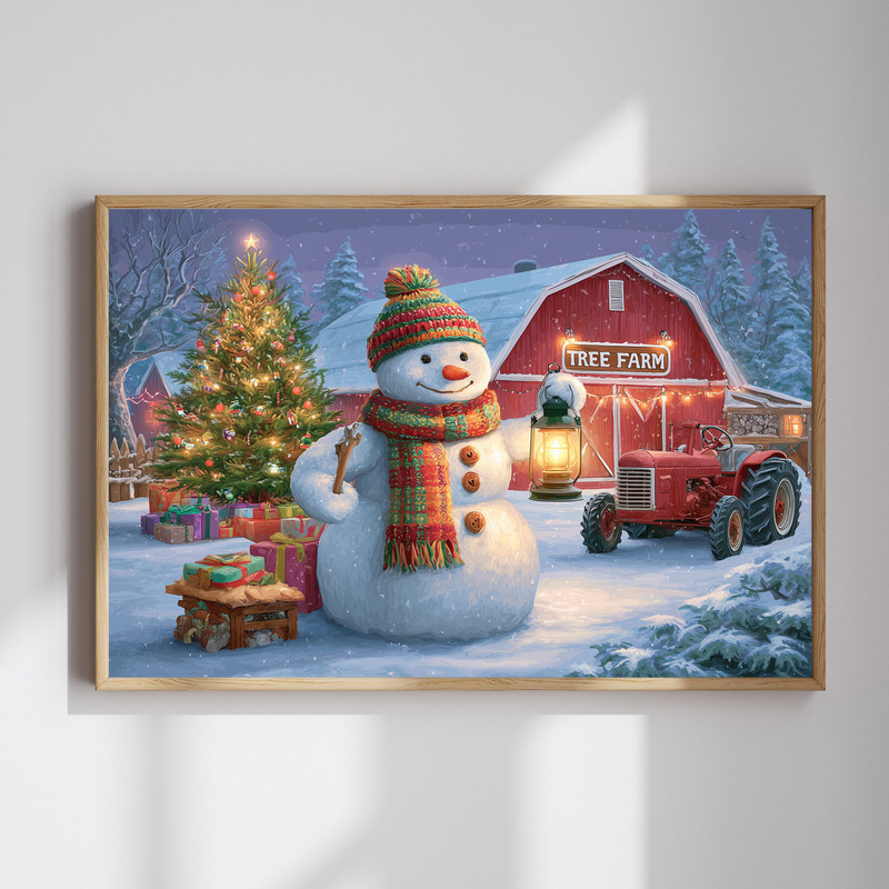 Snowman at the tree farm canvas wall art featuring red barn and snowy pines, landscape for hallway winter decor | Familywalldecor