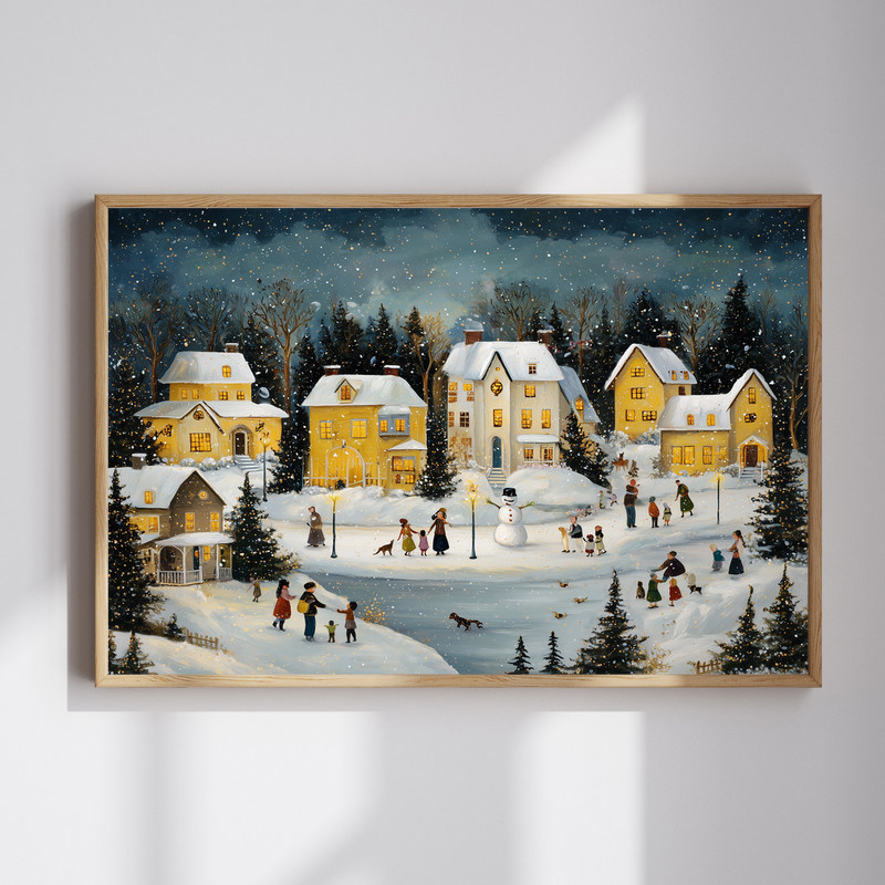 Snowy Christmas Evening In The Village canvas wall art with glowing cottage windows, pine trees, gentle snowfall at twilight | Familywalldecor