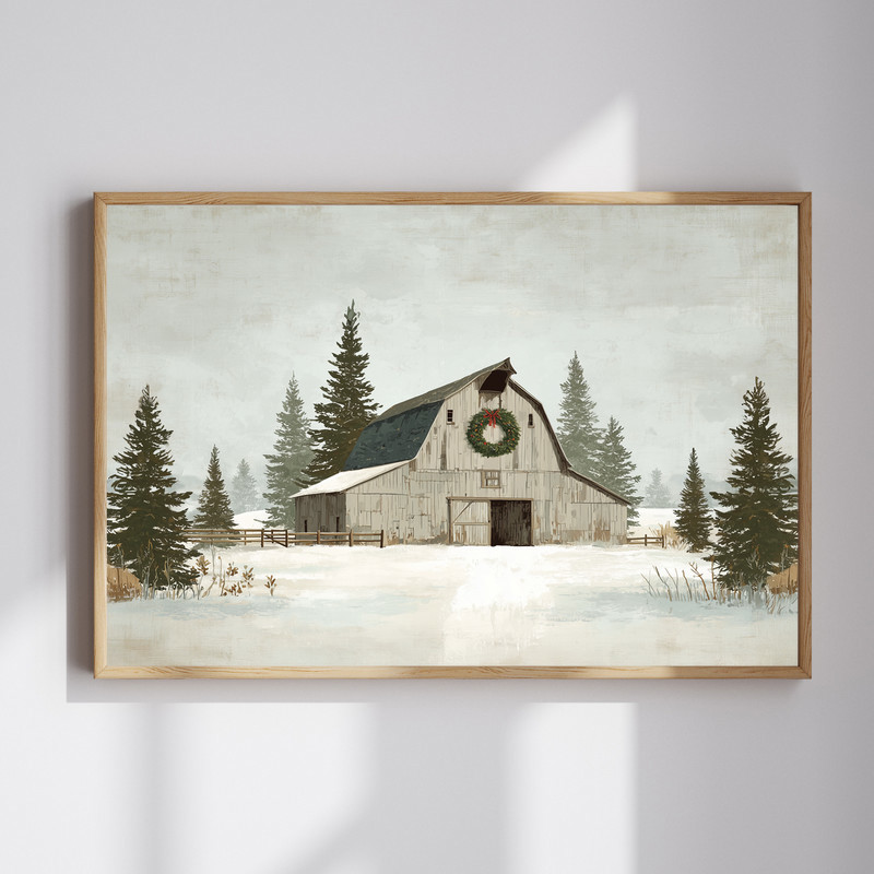 Snowy farmhouse Christmas canvas wall art with rustic winter barn scene, perfect for cozy entryway decor and seasonal charm | Familywalldecor