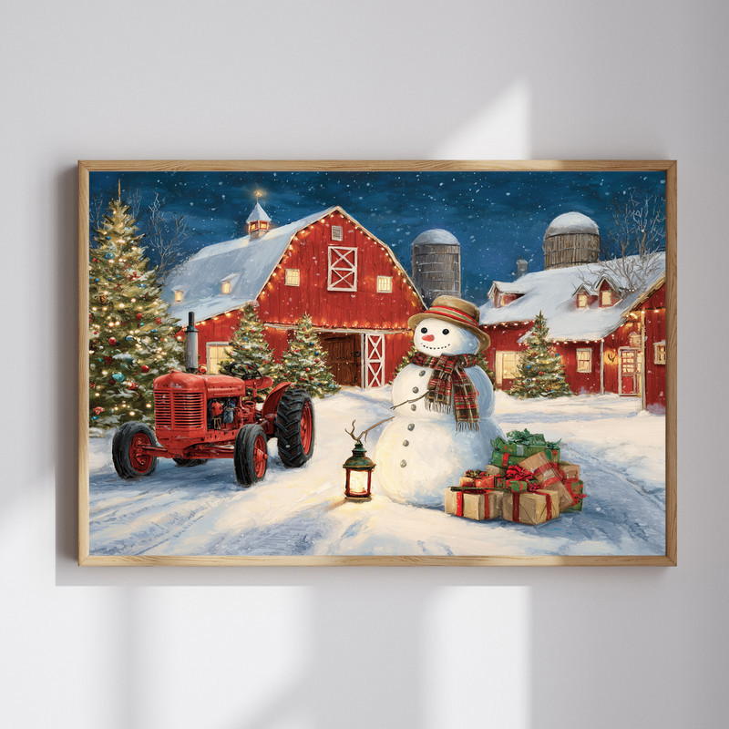 Snowy farmyard Christmas canvas wall art with glowing lantern and holiday lights, rustic winter scene ideal for hallway decor. | Familywalldecor