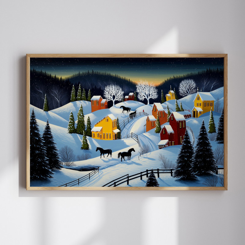 Snowy village horses canvas wall art, rustic Christmas entryway decor with horses in a winter village scene, farmhouse style | Familywalldecor
