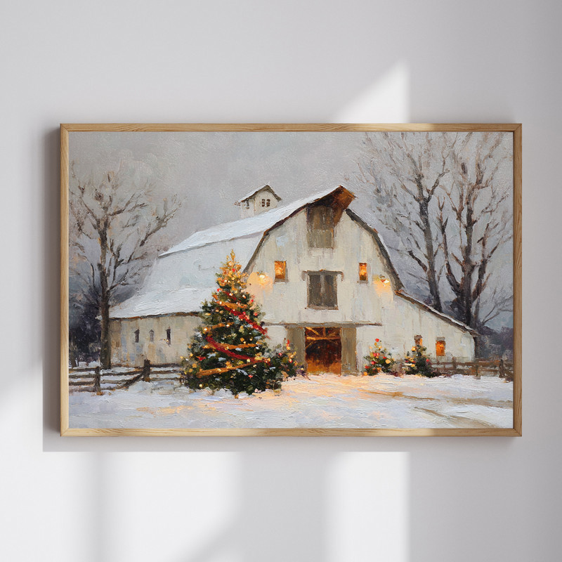 Snowy white barn and Christmas tree canvas wall art, rustic farmhouse winter scene for hallway decor, landscape orientation | Family Wall Decor