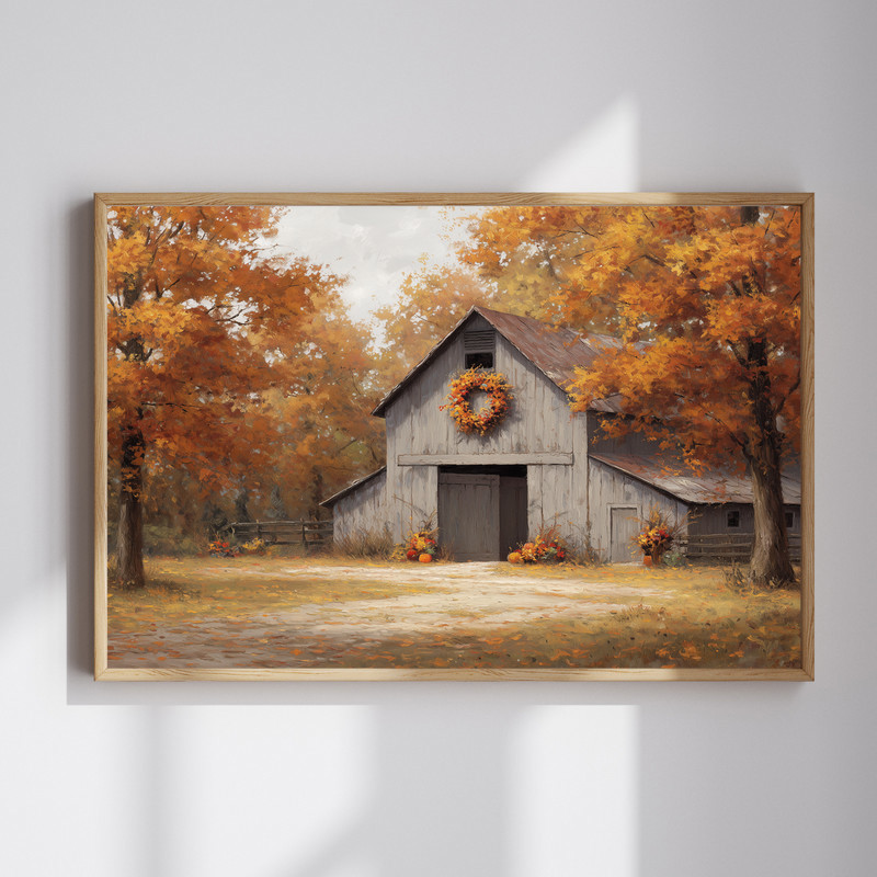 Thankful Harvest Barn canvas wall art, rustic autumn farmhouse entryway decor with barn, fall foliage and Thankful lettering | Familywalldecor