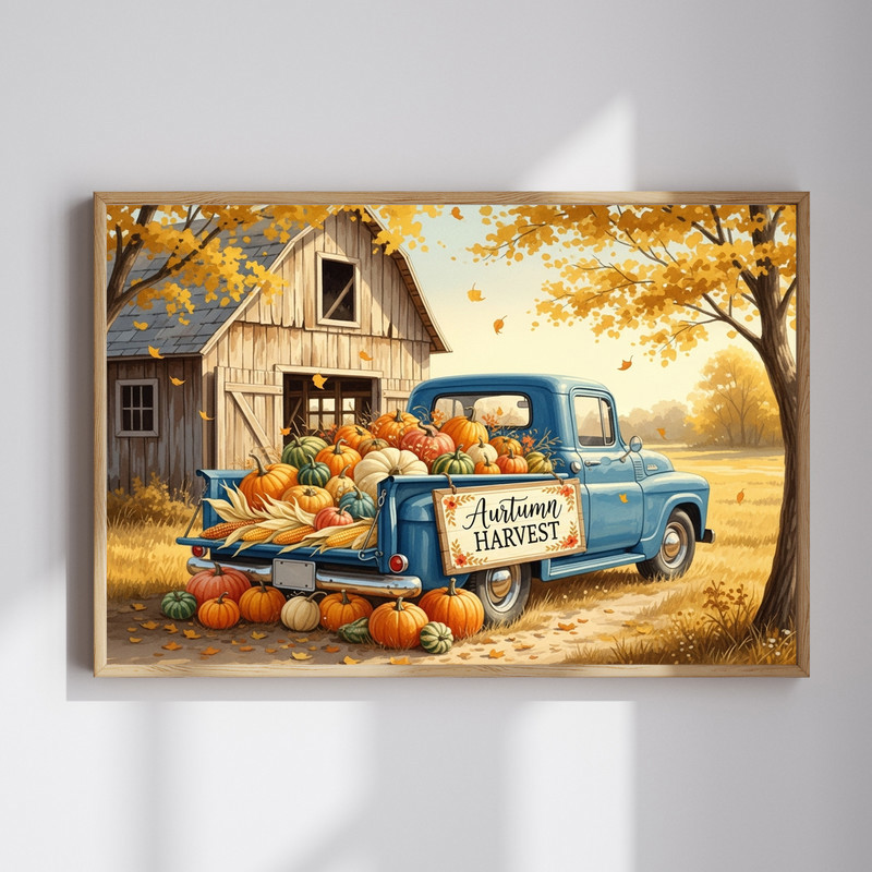 Thanksgiving countryside scene entryway canvas wall art with Harvest Blessings script, pumpkins, wheat, and autumn tones | Familywalldecor