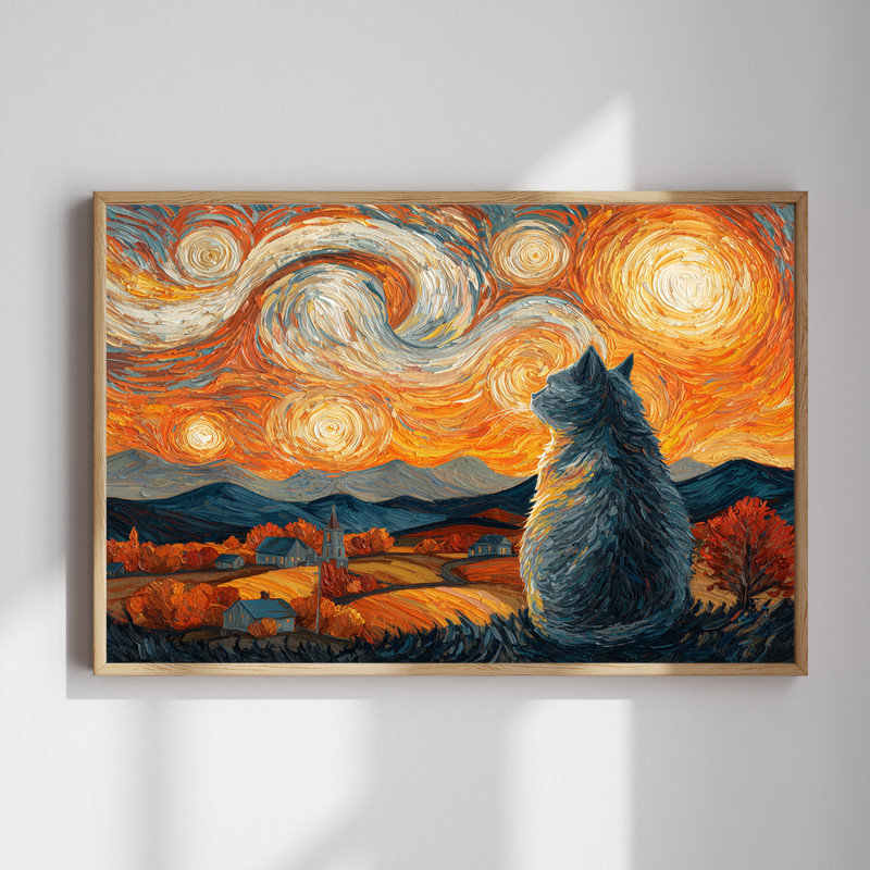 Thanksgiving starry night cat canvas wall art, portrait with swirling moon, pumpkins, and leaves for hallway decor | Family Wall Decor