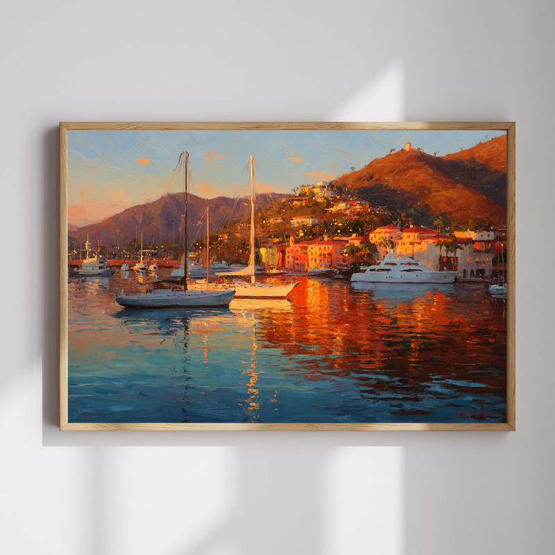 Thanksgiving sunset harbor canvas wall art, oil painting seascape with warm autumn sky over calm water, ideal hallway decor | Family Wall Decor