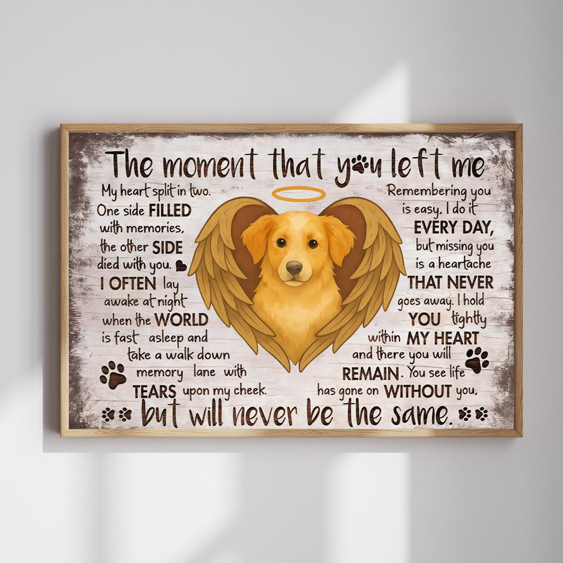 Dog memorial canvas wall art in rustic farmhouse featuring 'The Moment You Left Me' poem, paw prints, warm earth tones | Familywalldecor