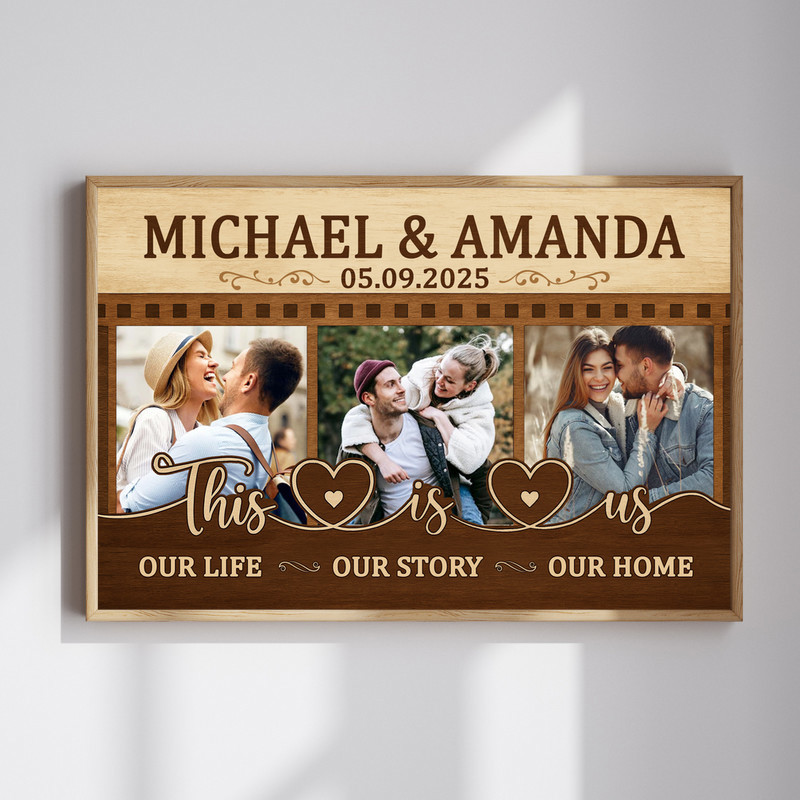 This Is Us canvas photo collage with personalized names and date on rustic wood, anniversary gift and farmhouse wall decor | Family Wall Decor