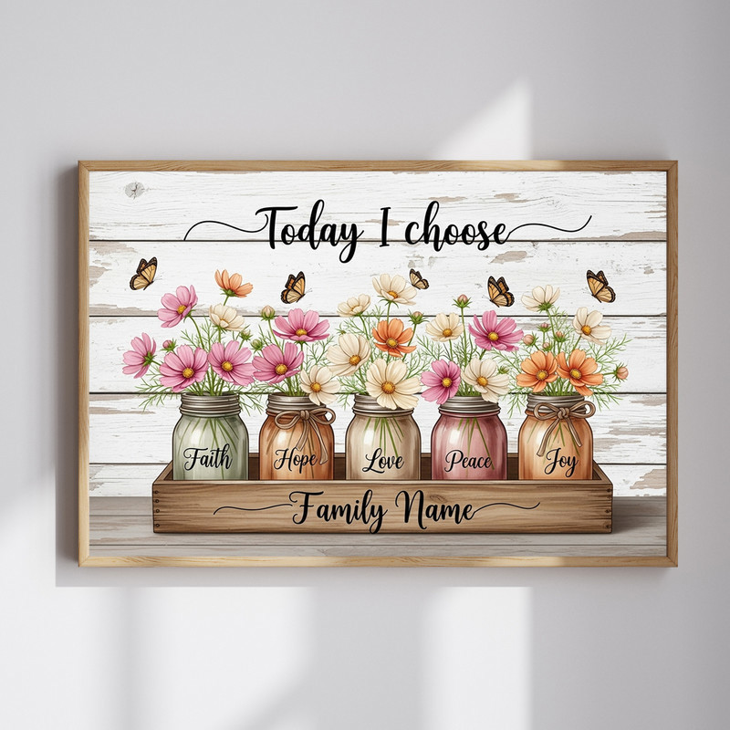 Today I Choose farmhouse canvas wall art with pink cosmos in a blue mason jar on rustic wood background, portrait layout | Family Wall Decor