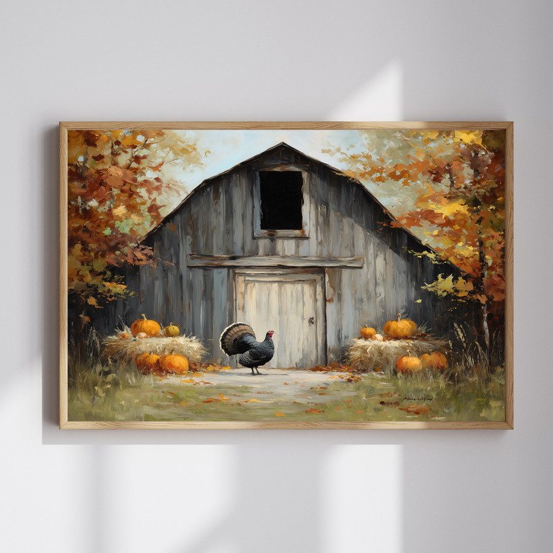 Rustic Thanksgiving barn canvas wall art with a strutting turkey and weathered timber, perfect for cozy entryway decor | Familywalldecor