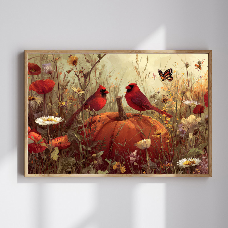 Vibrant red cardinals canvas wall art, festive Christmas hallway decor in winter palette on gallery-wrapped canvas | Familywalldecor