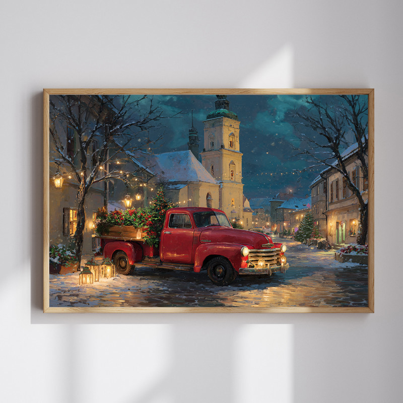 Vintage red truck Christmas city canvas wall art with tree and festive stalls, snowy market lights, ideal for entryway decor | Familywalldecor