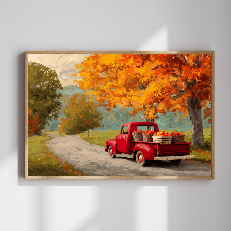 Vintage red truck country road canvas wall art, rustic farmhouse landscape print for entryway decor to welcome guests | Familywalldecor