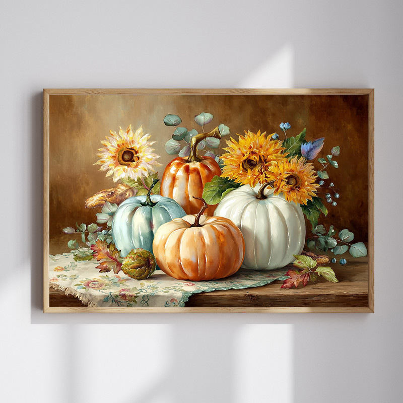 Watercolor harvest pumpkin landscape canvas wall art for rustic farmhouse hallway decor, warm autumn fields in earthy tones | Familywalldecor
